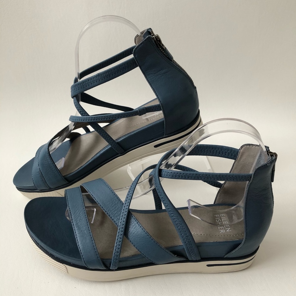 Eileen Fisher Skip Strappy Platform leather Sandals blue size 8.5